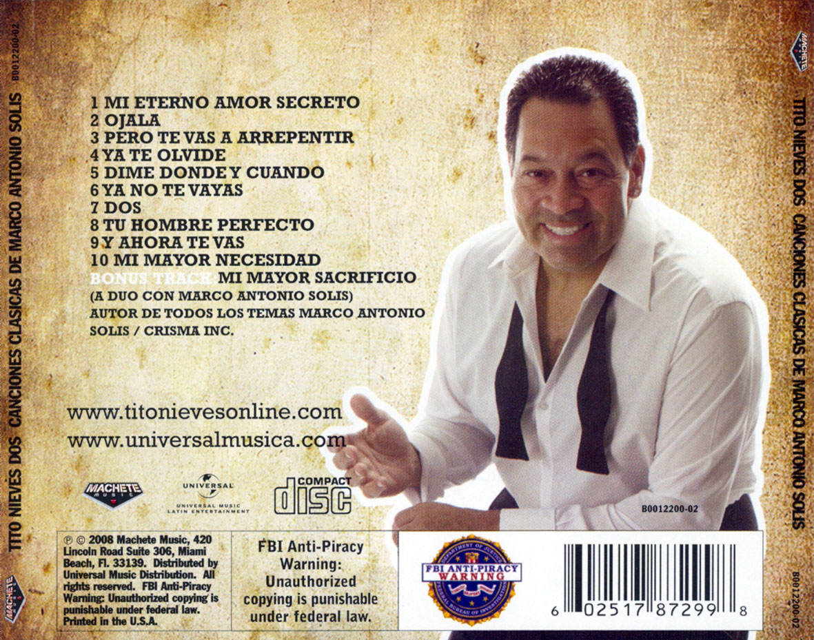 Cartula Trasera de Tito Nieves - Dos: Canciones Clasicas De Marco Antonio Solis