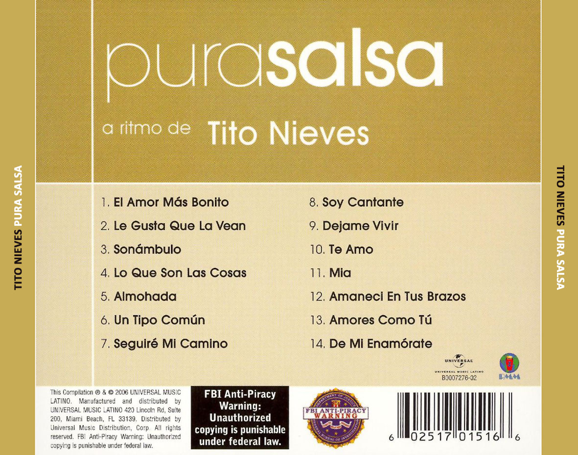 Cartula Trasera de Tito Nieves - Pura Salsa