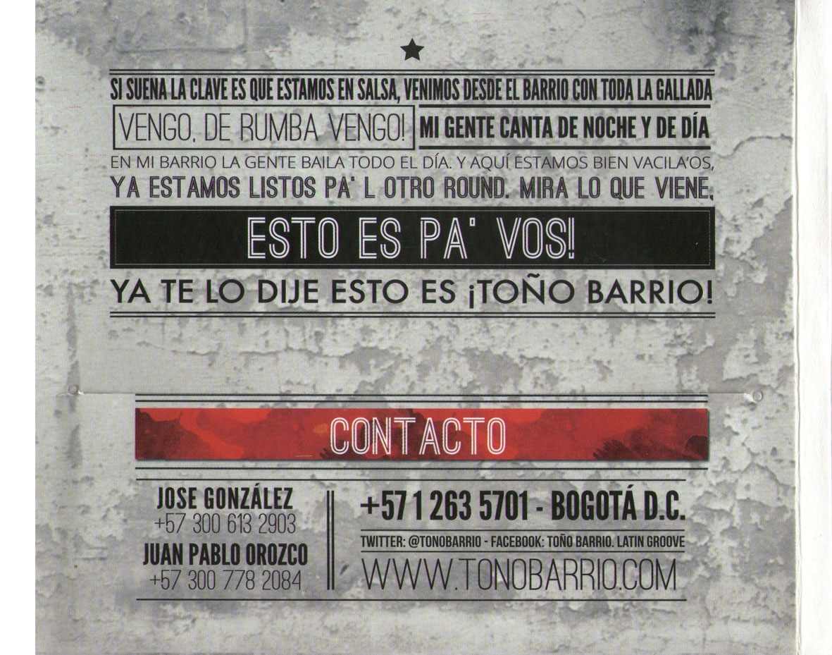 Cartula Interior Trasera de Too Barrio Latin Groove - Con Toda La Gallada