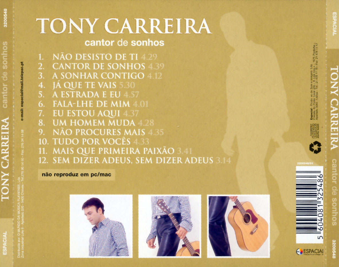 Cartula Trasera de Tony Carreira - Cantor De Sonhos