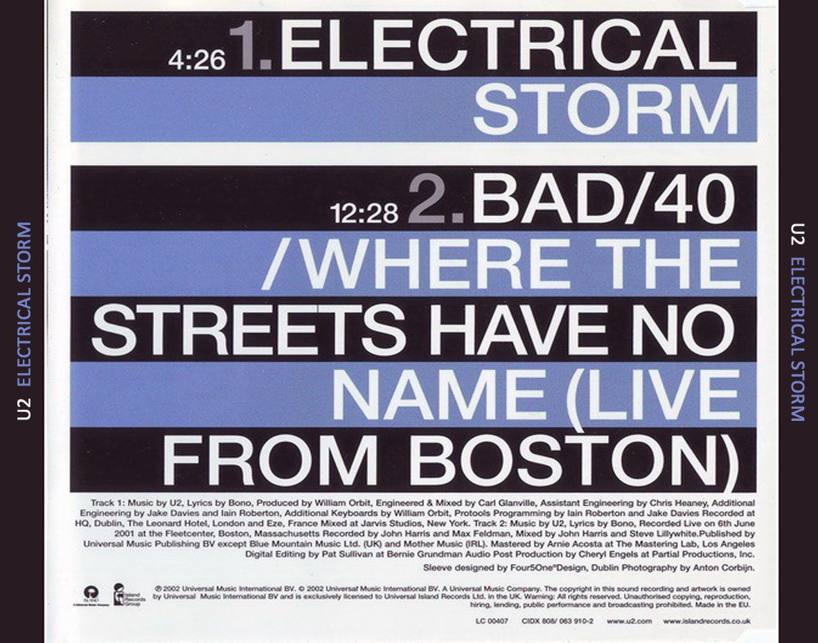 Cartula Trasera de U2 - Electrical Storm (Cd Single)