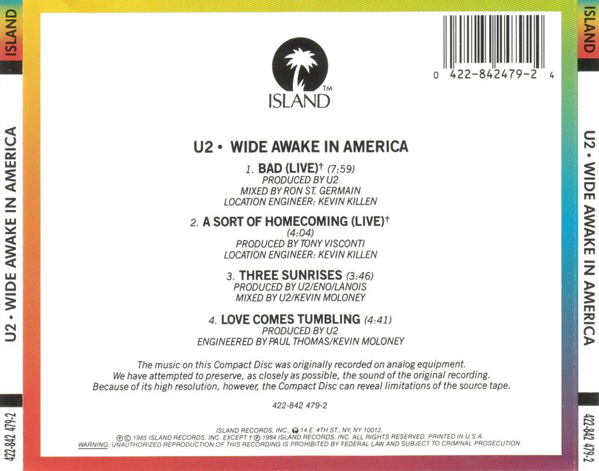 Cartula Trasera de U2 - Wide Awake In America (Ep)