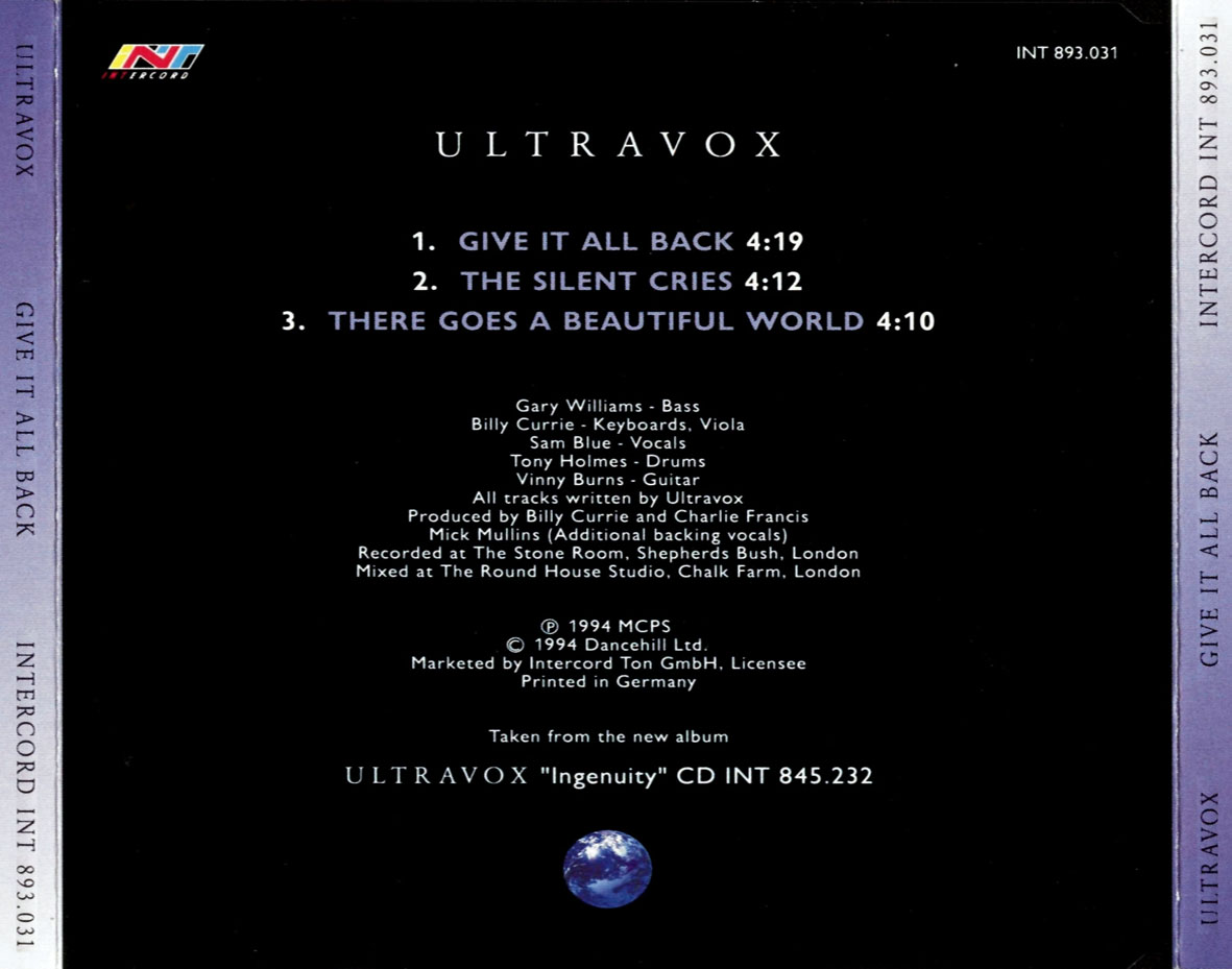 Cartula Trasera de Ultravox - Give It All Back (Cd Single)