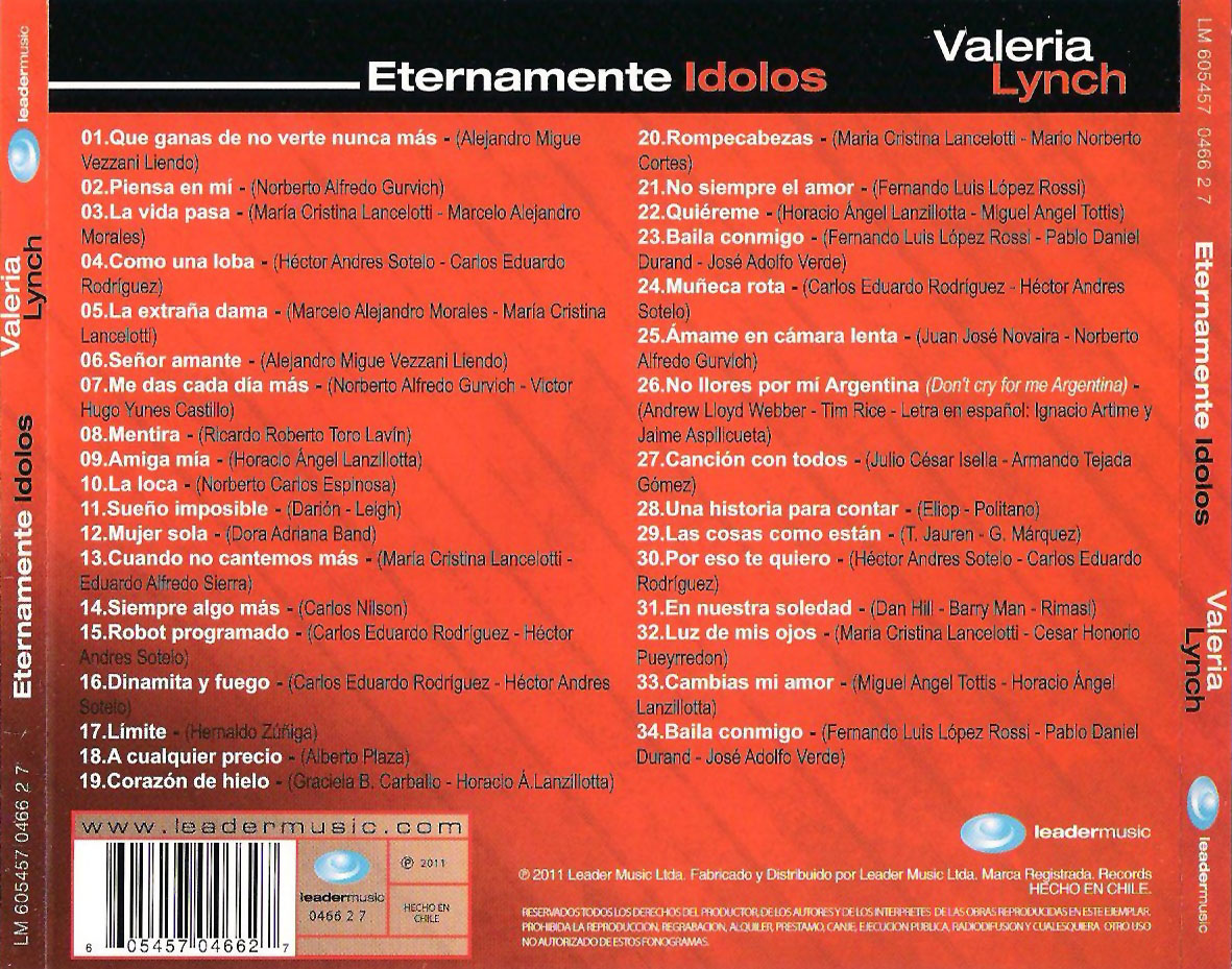 Carátula Trasera de Valeria Lynch - Eternamente Idolos