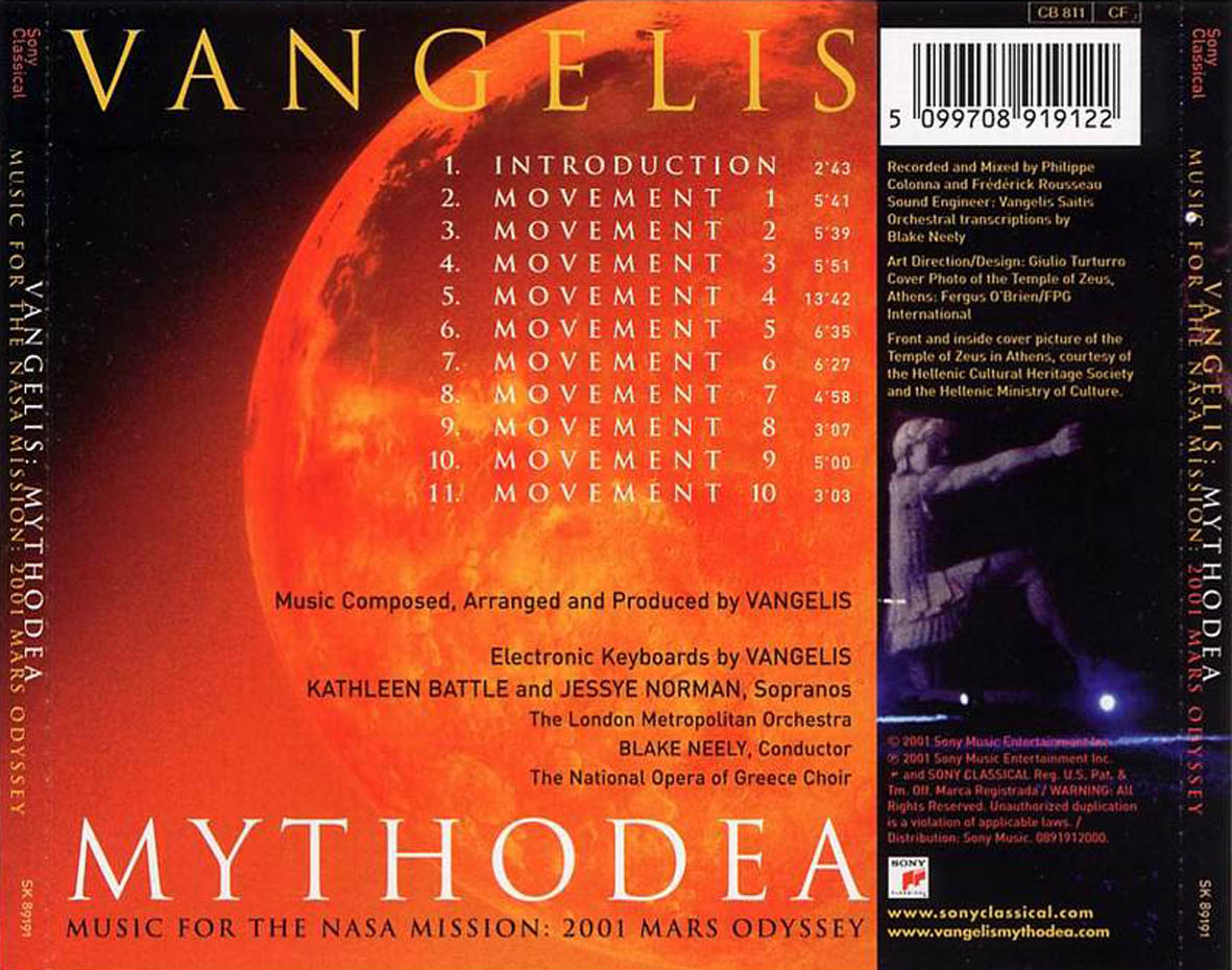 Cartula Trasera de Vangelis - Mythodea (Music For The Nasa Mission: 2001 Mars Odyssey)