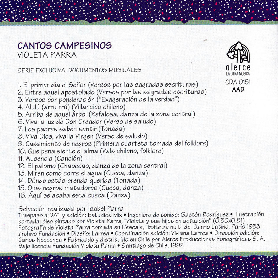 Cartula Interior Frontal de Violeta Parra - Cantos Campesinos (1992)