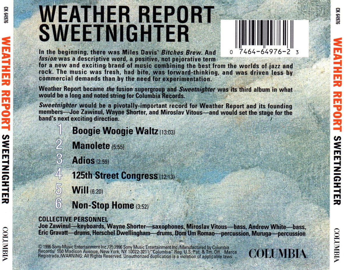 Cartula Trasera de Weather Report - Sweetnighter
