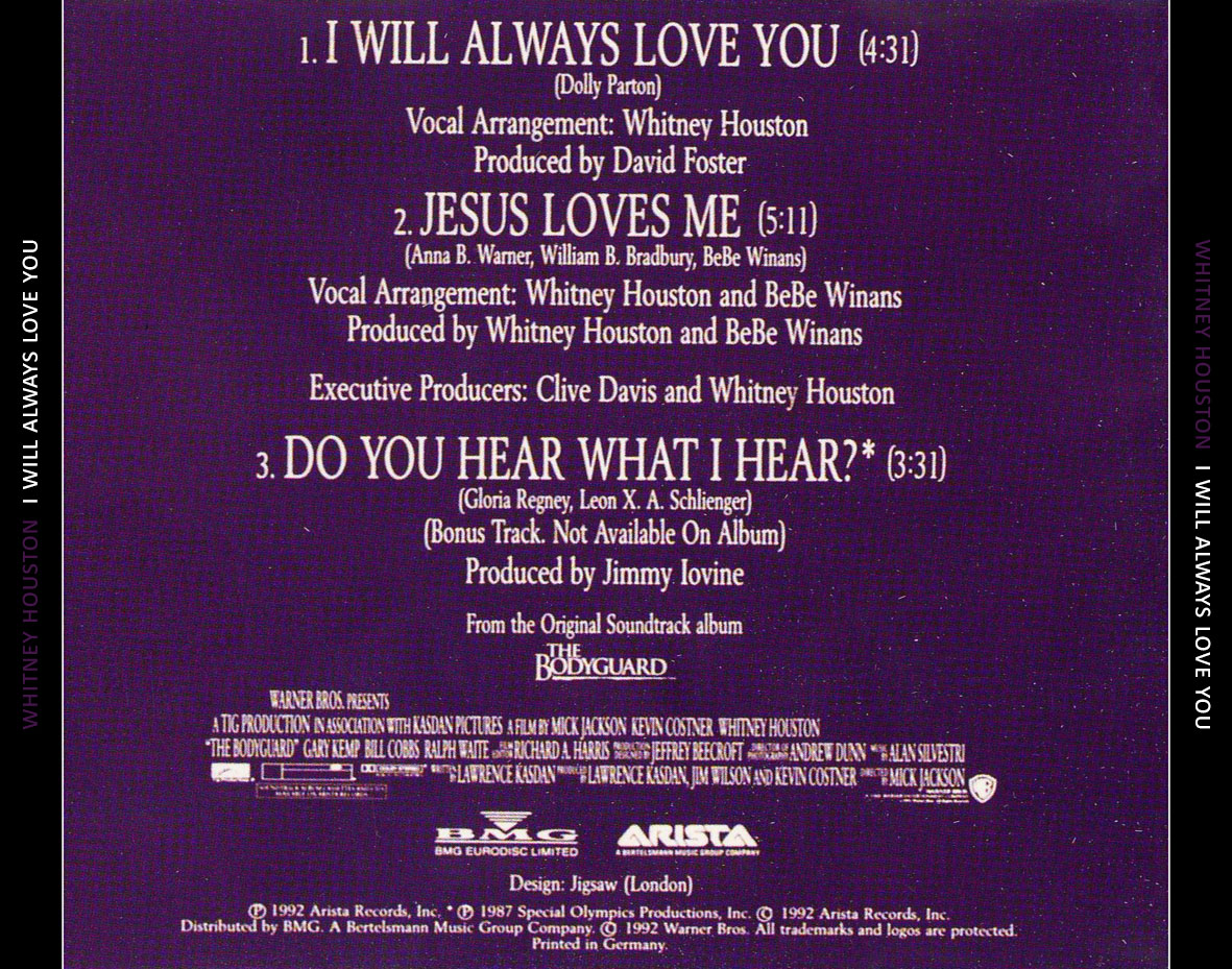 Cartula Trasera de Whitney Houston - I Will Always Love You (Cd Single)
