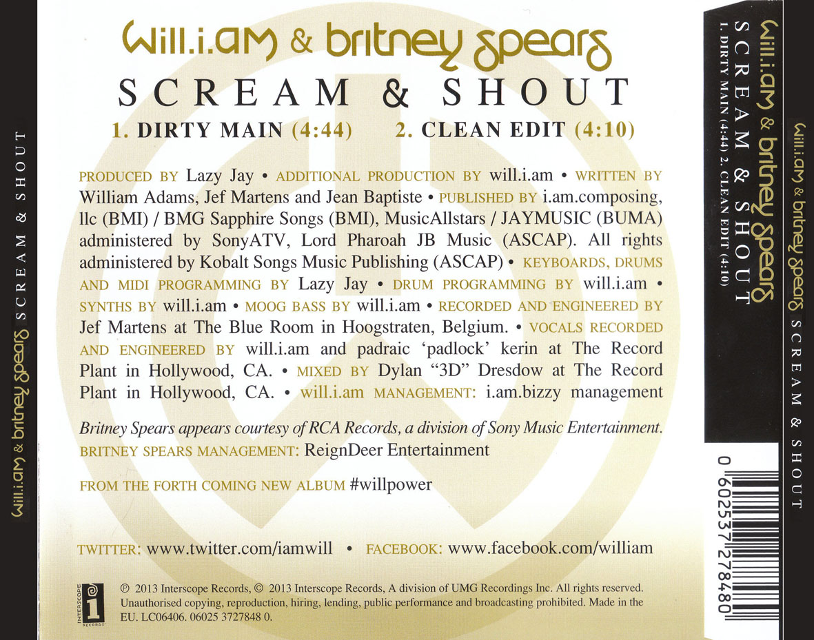 Cartula Trasera de Will.i.am - Scream And Shout (Featuring Britney Spears) (Cd Single)