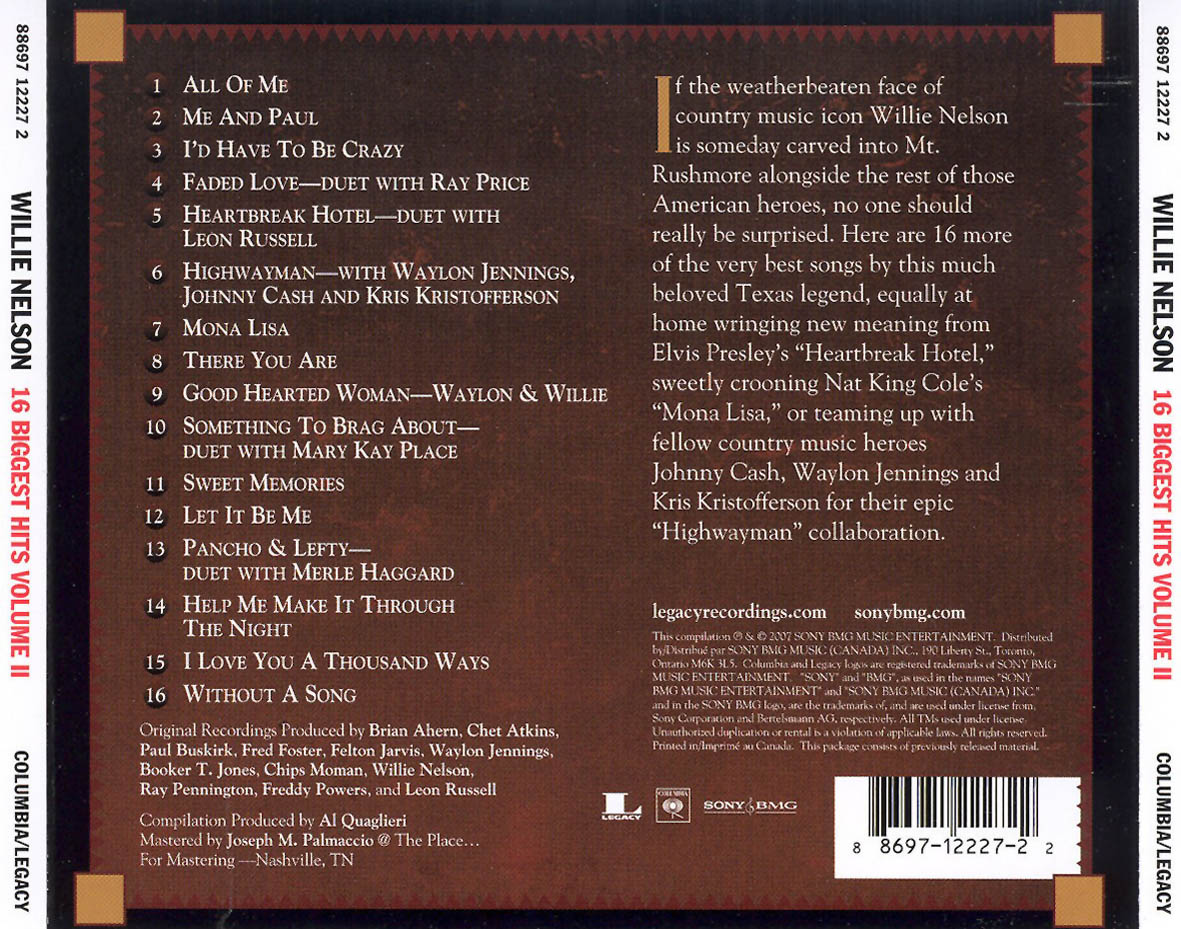 Cartula Trasera de Willie Nelson - 16 Biggest Hits Volume II