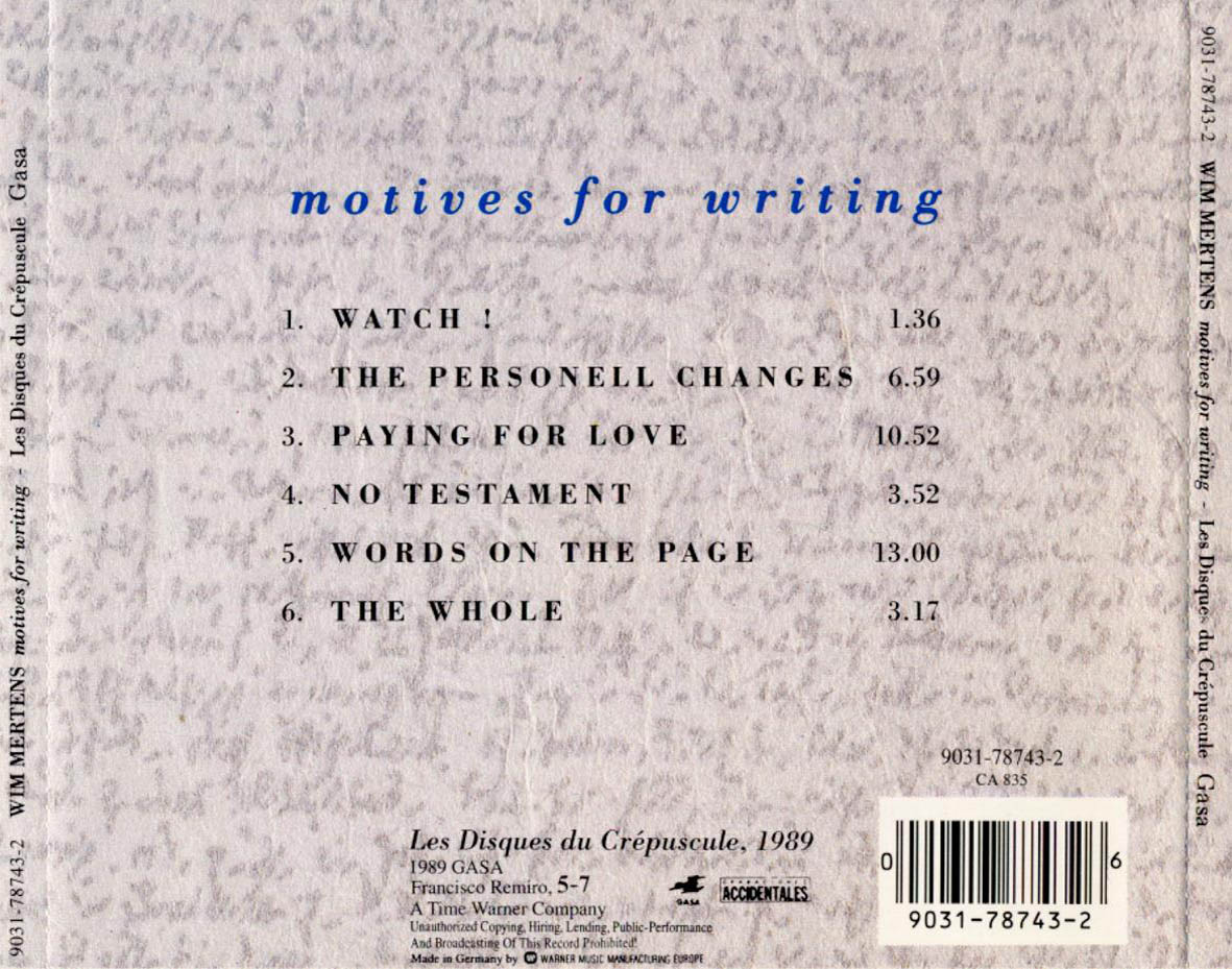 Cartula Trasera de Wim Mertens - Motives For Writing