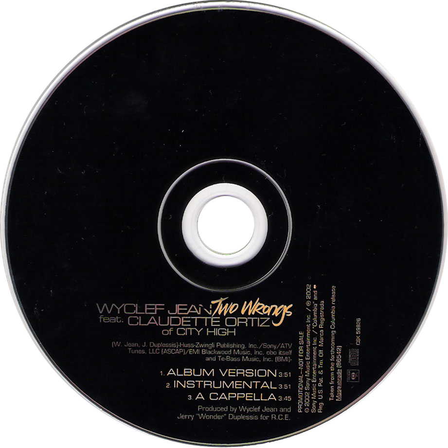 Cartula Cd de Wyclef Jean - Two Wrongs (Featuring Claudette Ortiz) (Cd Single)