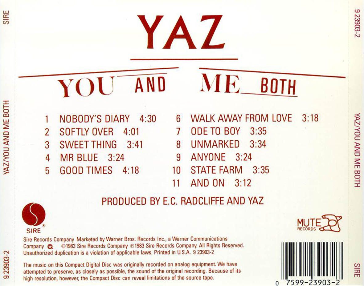 Cartula Trasera de Yazoo - You And Me Both